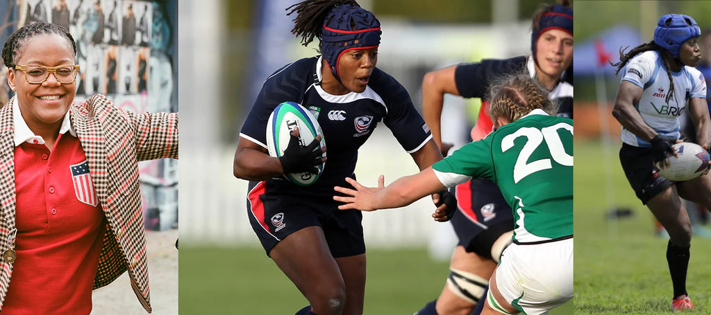 Various images of Phaidra Knight supporting women in sport and playing rugby
