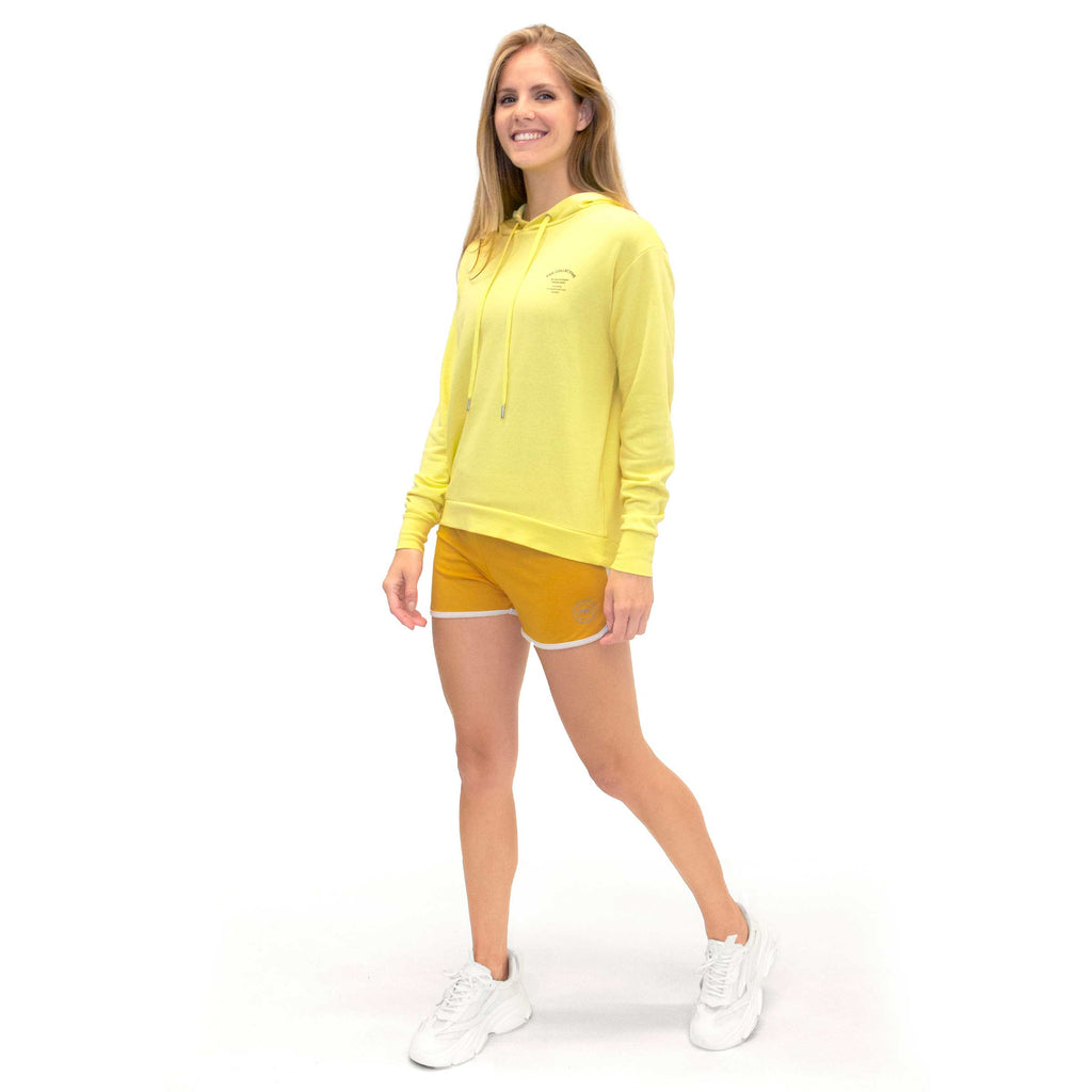 PSK Collective Curved hem High-low Hoodie canary yellow color full body view