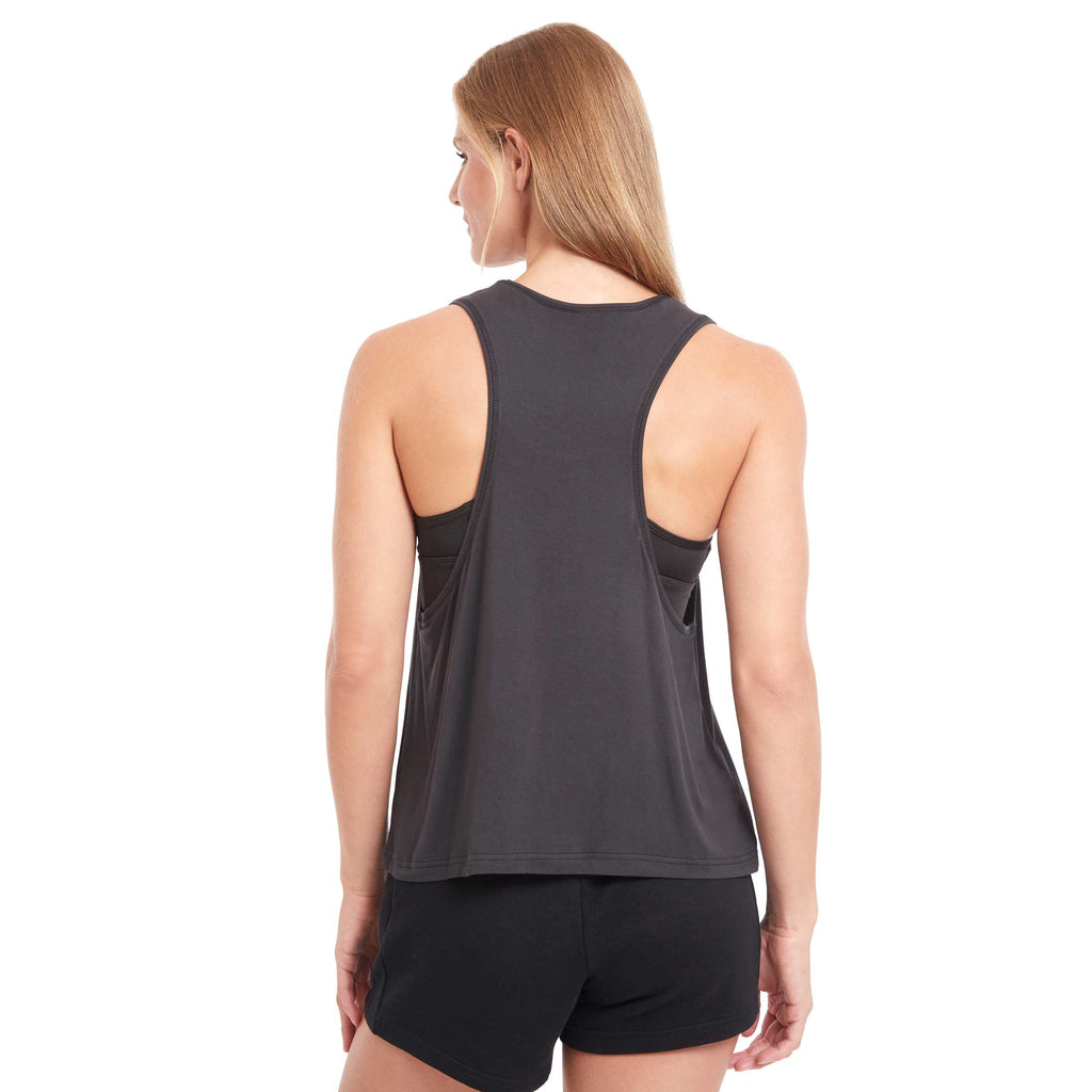 Woman wearing PSK Collective Racerback Tank Top in black color back view