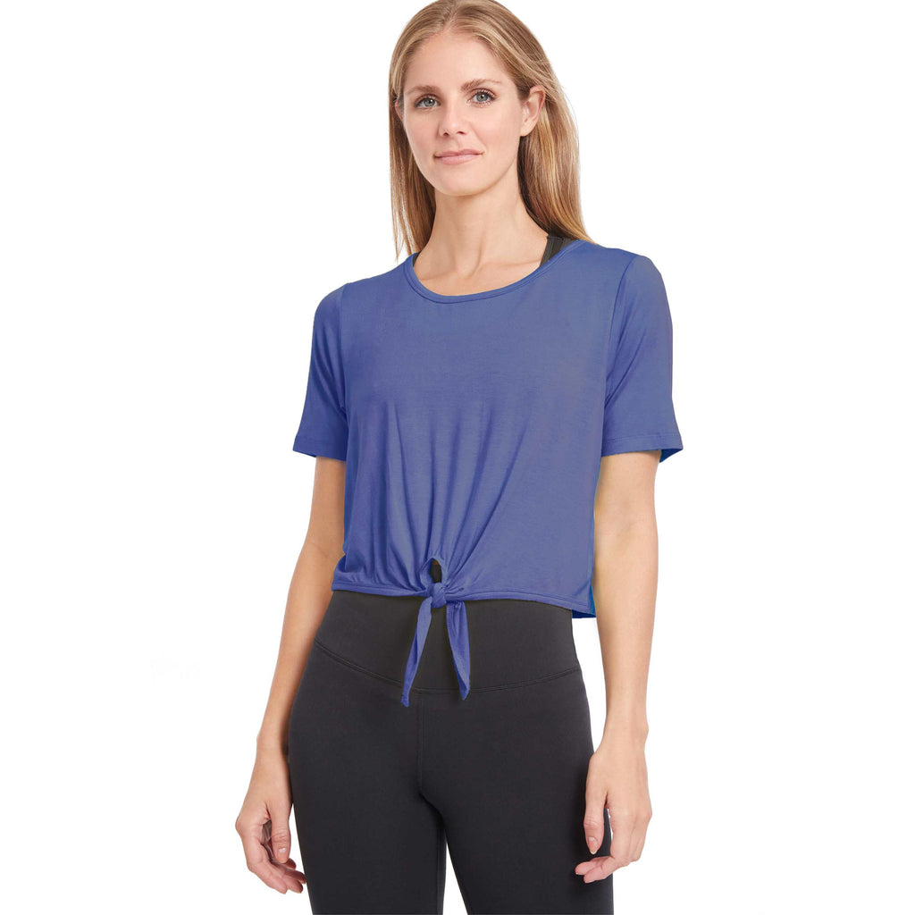 Woman wearing PSK Collective Tie Front Top in blue color front view