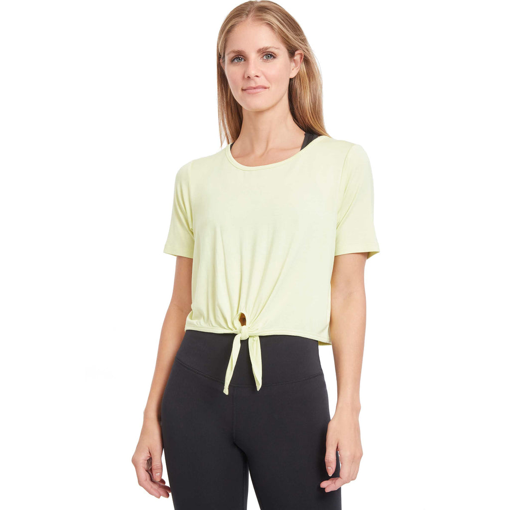 Woman wearing PSK Collective Tie Front Top in pale lime color front view